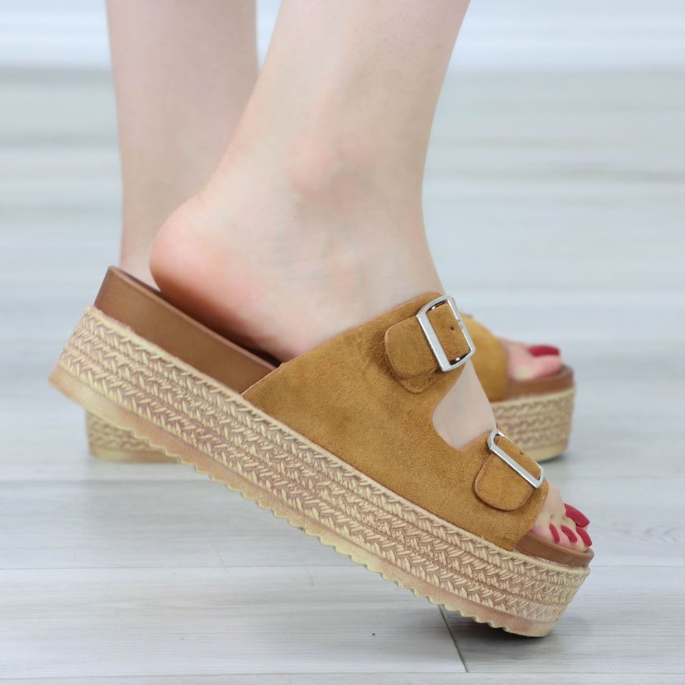 Suede Tan Double Straps Comfort Platform Sandal Slip On Sliders - Picture 4 of 13